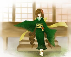 Rating: Safe Score: 0 Tags: 1girl brown_hair flower full_body green_eyes green_kimono hair_flower hair_ornament image japanese_clothes kimono long_hair long_sleeves solo standing suiseiseki very_long_hair wide_sleeves User: admin