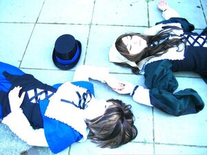 Rating: Safe Score: 0 Tags: 2girls blue_dress brown_hair closed_eyes dress hat hood long_hair long_sleeves multiple_cosplay multiple_girls ribbon short_hair tagme tile_floor tiles User: admin