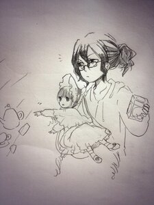 Rating: Safe Score: 0 Tags: 2girls dress glasses greyscale hat image long_sleeves mob_cap monochrome multiple_girls photo sakurada_jun shinku shoes short_hair solo traditional_media User: admin
