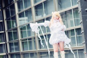 Rating: Safe Score: 0 Tags: 1girl blonde_hair boots dress hair_ornament kirakishou knee_boots railing solo standing white_dress User: admin
