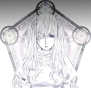 Rating: Safe Score: 0 Tags: 1girl dress flower hair_flower hair_ornament image kirakishou long_hair long_sleeves monochrome rose solo star_(symbol) upper_body User: admin