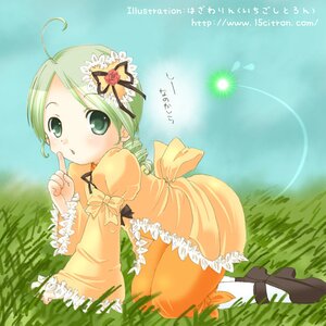 Rating: Safe Score: 0 Tags: 1girl :o ahoge black_footwear day dress flower frills grass green_eyes green_hair index_finger_raised kanaria long_sleeves outdoors pantyhose ribbon solo User: admin