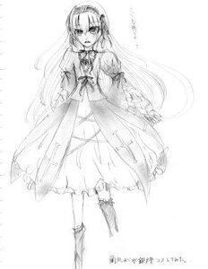 Rating: Safe Score: 0 Tags: 1girl dress frills full_body greyscale hairband image long_hair long_sleeves looking_at_viewer monochrome sketch solo standing suigintou very_long_hair User: admin