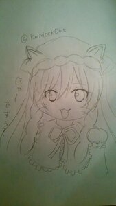 Rating: Safe Score: 0 Tags: 1girl animal_ears braid cat_ears fang hat image kemonomimi_mode long_hair monochrome open_mouth photo smile solo suiseiseki traditional_media User: admin