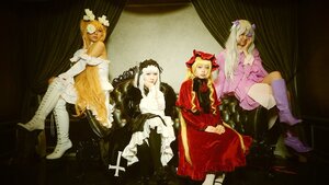 Rating: Safe Score: 0 Tags: 4girls blonde_hair boots closed_eyes dress flower gloves hair_ornament long_hair multiple_cosplay multiple_girls sitting tagme User: admin