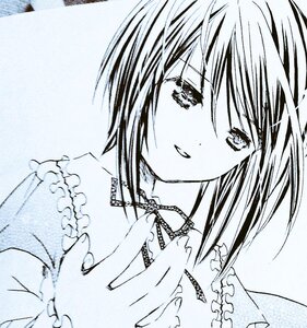 Rating: Safe Score: 0 Tags: 1girl blush eyebrows_visible_through_hair frills hands_clasped hands_together image long_sleeves looking_at_viewer monochrome own_hands_together short_hair smile solo souseiseki upper_body User: admin