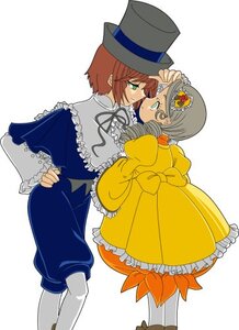 Rating: Safe Score: 0 Tags: 1boy blush bow brown_hair dress frills green_eyes grey_hair hat image kanaria long_sleeves pair ribbon short_hair silver_hair souseiseki striped top_hat User: admin