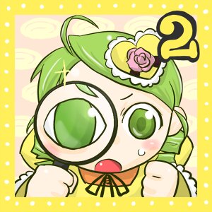 Rating: Safe Score: 0 Tags: 1girl ahoge blush border flower green_eyes green_hair hat image kanaria open_mouth polka_dot polka_dot_background solo sweatdrop yellow_background User: admin