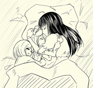 Rating: Safe Score: 0 Tags: aotenjou bed blanket blush closed_eyes emphasis_lines enju_maiden greyscale happy hug keikoutou kokuyouseki long_hair long_sleeves lying monochrome multiple multiple_girls short_hair sleeping smile tagme User: admin