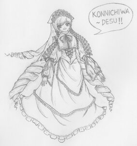 Rating: Safe Score: 0 Tags: 1girl auto_tagged dress drill_hair frills full_body greyscale image long_hair long_sleeves looking_at_viewer monochrome open_mouth possible_duplicate ribbon simple_background smile solo speech_bubble standing suiseiseki traditional_media twin_drills very_long_hair User: admin