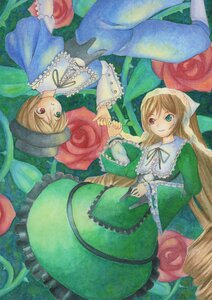 Rating: Safe Score: 0 Tags: 2girls blonde_hair blue_dress brown_hair dress flower frills green_dress green_eyes hat heterochromia holding_hands image long_hair long_sleeves multiple_girls pair red_eyes rose short_hair siblings sisters smile souseiseki suiseiseki top_hat traditional_media twins watercolor_(medium) User: admin