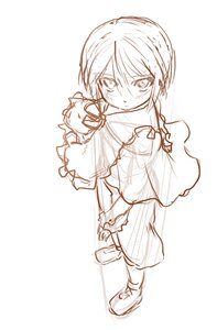 Rating: Safe Score: 0 Tags: 1girl blush braid capelet full_body image long_sleeves looking_at_viewer monochrome sketch solo souseiseki standing striped User: admin
