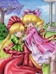 Rating: Safe Score: 0 Tags: 2girls blonde_hair blue_eyes bow building dress drill_hair frills green_eyes hina_ichigo hinaichigo image long_hair long_sleeves multiple_girls outdoors pair pink_bow red_dress shinku traditional_media User: admin