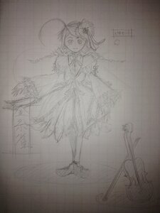 Rating: Safe Score: 0 Tags: 1girl ahoge dress greyscale hair_ornament image kanaria long_hair long_sleeves monochrome sketch smile solo standing traditional_media User: admin