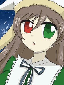Rating: Safe Score: 0 Tags: 1girl :o bangs blush brown_hair dress eyebrows_visible_through_hair frills green_eyes hat head_scarf image long_hair looking_at_viewer neck_ribbon parted_lips red_eyes ribbon sky solo suiseiseki User: admin