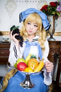 Rating: Safe Score: 0 Tags: 1girl blonde_hair blue_bow blue_eyes blue_ribbon blurry bow flower food fruit hair_bow lips long_hair red_flower ribbon rose shinku solo User: admin