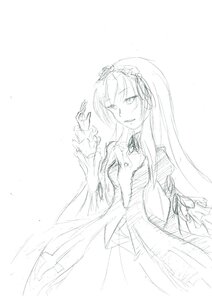 Rating: Safe Score: 0 Tags: 1girl dress frilled_sleeves frills greyscale hairband image long_hair long_sleeves looking_at_viewer monochrome ribbon simple_background sketch solo suigintou white_background User: admin