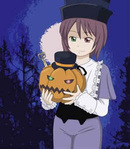 Rating: Safe Score: 0 Tags: 1girl brown_hair frills green_eyes halloween hat heterochromia image jack-o'-lantern long_sleeves night outdoors pants pumpkin red_eyes short_hair solo souseiseki top_hat tree User: admin