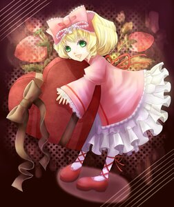 Rating: Safe Score: 0 Tags: 1girl blonde_hair bow dress food frills fruit green_eyes hair_bow hina_ichigo hinaichigo image object_namesake open_mouth pantyhose pink_bow ribbon shoes smile solo strawberry User: admin