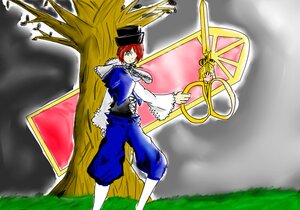 Rating: Safe Score: 0 Tags: 1girl cape grass green_eyes hat image long_sleeves red_hair short_hair solo souseiseki staff User: admin