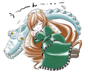 Rating: Safe Score: 0 Tags: 1girl brown_hair closed_eyes dress frills green_dress image long_hair long_sleeves mermaid monster_girl solo suiseiseki white_background User: admin