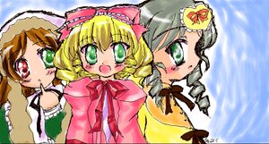 Rating: Safe Score: 0 Tags: 3girls :d blonde_hair blush bow brown_hair dress drill_hair green_eyes hat head_scarf hina_ichigo image long_hair long_sleeves looking_at_viewer multiple multiple_girls open_mouth pink_bow red_eyes shinku short_hair sisters suiseiseki tagme User: admin