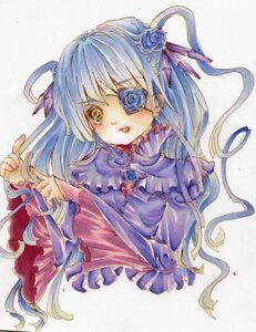 Rating: Safe Score: 0 Tags: 1girl barasuishou blue_flower blue_hair blue_rose dress eyepatch flower frills green_eyes hair_flower hair_ornament image long_hair long_sleeves multicolored_hair ribbon rose solo striped traditional_media upper_body User: admin