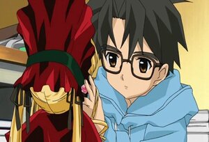 Rating: Safe Score: 0 Tags: 1boy black_hair blonde_hair bonnet brown_eyes glasses image long_sleeves sakurada_jun shinku solo User: admin