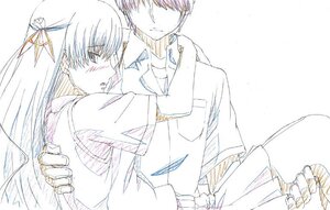 Rating: Safe Score: 0 Tags: 1boy 1girl barasuishou blush couple hug image long_hair long_sleeves monochrome ribbon school_uniform sitting solo User: admin