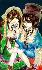 Rating: Safe Score: 0 Tags: 2girls brown_hair dress frills green_dress green_eyes hat heterochromia image long_hair multiple_girls pair red_eyes short_hair siblings sisters smile souseiseki suiseiseki twins watercolor_(medium) User: admin