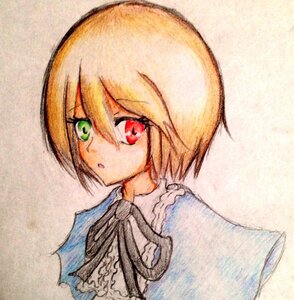 Rating: Safe Score: 0 Tags: 1girl :o blonde_hair blue_neckwear blue_ribbon eyebrows_visible_through_hair frilled_shirt_collar frills green_eyes hair_between_eyes heterochromia image looking_at_viewer no_headwear portrait red_eyes ribbon short_hair solo souseiseki traditional_media upper_body User: admin
