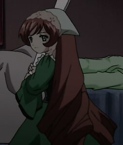 Rating: Safe Score: 0 Tags: 1girl bangs brown_hair dress green_dress image long_hair long_sleeves looking_at_viewer pillow solo suiseiseki User: admin