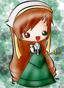 Rating: Safe Score: 0 Tags: 1girl :d brown_hair chibi dress green_eyes hat heterochromia holding image long_hair open_mouth red_eyes smile solo suiseiseki very_long_hair User: admin