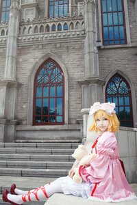Rating: Safe Score: 0 Tags: 1girl architecture blonde_hair dress hat high_heels hinaichigo indoors long_sleeves looking_at_viewer ribbon shoes short_hair sitting solo white_legwear window User: admin