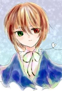 Rating: Safe Score: 0 Tags: 1girl blue_dress bow brown_hair closed_mouth collar dress expressionless green_eyes hariruri heart heterochromia image long_sleeves looking_at_viewer red_eyes short_hair solo souseiseki upper_body User: admin