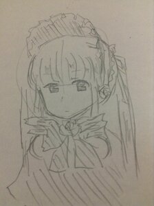 Rating: Safe Score: 0 Tags: 1girl bow dress expressionless frills greyscale image long_sleeves looking_at_viewer monochrome shinku simple_background sketch solo traditional_media upper_body User: admin