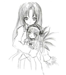 Rating: Safe Score: 0 Tags: 2girls dress hairband hug hug_from_behind image kakizaki_megu long_hair long_sleeves looking_at_viewer monochrome multiple_girls simple_background solo suigintou white_background User: admin