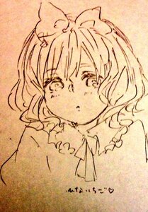 Rating: Safe Score: 0 Tags: 1girl animal animal_on_head bangs bird_on_head bow cat cat_on_head hand_on_another's_head hinaichigo image maribel_hearn monochrome on_head ribbon short_hair solo traditional_media wavy_hair User: admin