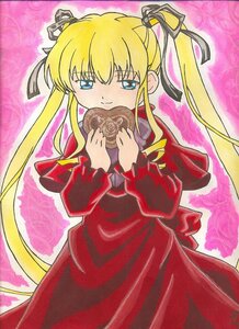 Rating: Safe Score: 0 Tags: 1girl bangs blonde_hair blue_eyes chocolate chocolate_heart cowboy_shot dress hair_ribbon heart holding image long_hair long_sleeves looking_at_viewer marker_(medium) red_dress ribbon shinku sidelocks smile solo traditional_media twintails valentine User: admin