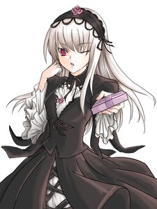 Rating: Safe Score: 3 Tags: 1girl black_dress dress flower frilled_sleeves frills gift gothic_lolita hairband holding image lolita_fashion lolita_hairband long_hair long_sleeves looking_at_viewer one_eye_closed open_mouth pink_eyes ribbon rose silver_hair solo suigintou white_background User: admin