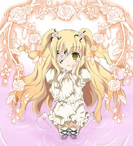 Rating: Safe Score: 0 Tags: 1girl blonde_hair dress eyepatch flower frills hair_ornament hands_on_own_face image kirakishou long_hair ribbon rose solo thighhighs thorns two_side_up white_dress white_flower white_rose yellow_eyes User: admin