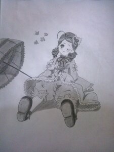 Rating: Safe Score: 0 Tags: 1girl bow dress drill_hair image kanaria long_sleeves monochrome one_eye_closed ringlets sitting solo traditional_media twin_drills User: admin