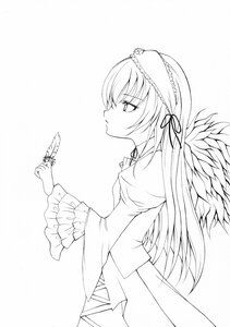 Rating: Safe Score: 0 Tags: 1girl bug butterfly dress eyebrows_visible_through_hair feathered_wings feathers frills from_side greyscale hairband image insect juliet_sleeves long_hair long_sleeves monochrome profile ribbon simple_background solo suigintou very_long_hair white_background wide_sleeves wings User: admin