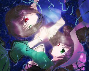 Rating: Safe Score: 0 Tags: 2girls brown_hair dress green_dress green_eyes heterochromia holding_hands image long_hair long_sleeves multiple_girls night_sky pair red_eyes siblings sisters sky souseiseki star_(sky) starry_sky suiseiseki twins User: admin