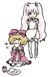 Rating: Safe Score: 0 Tags: 2girls blonde_hair cup dress eating food hat hinaichigo image kirakishou long_hair long_sleeves multiple_girls pair short_hair sitting smile tea teacup very_long_hair User: admin