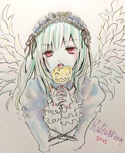 Rating: Safe Score: 0 Tags: 1girl angel_wings bangs cross dress eyebrows_visible_through_hair feathered_wings feathers flower frills hairband halloween holding image juliet_sleeves long_hair long_sleeves looking_at_viewer puffy_sleeves red_eyes ribbon solo suigintou traditional_media upper_body white_wings wings User: admin