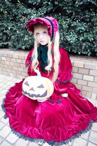 Rating: Safe Score: 0 Tags: 1girl blonde_hair blue_eyes bonnet bow brick_wall chain-link_fence dress fence frills hat lolita_fashion long_hair long_sleeves looking_at_viewer outdoors red_dress shinku sitting solo tile_floor tiles User: admin