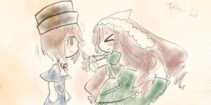 Rating: Safe Score: 0 Tags: 2girls >_< blush brown_hair closed_eyes dress green_dress green_eyes grey_hair hat image long_hair long_sleeves multiple_girls pair short_hair souseiseki suiseiseki User: admin