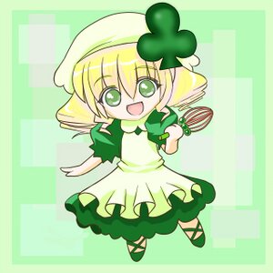 Rating: Safe Score: 0 Tags: 1girl :d bangs blonde_hair chibi dress eyebrows_visible_through_hair fruit full_body green_background green_dress green_eyes hat heart hinaichigo image looking_at_viewer open_mouth short_hair short_sleeves smile solo standing User: admin