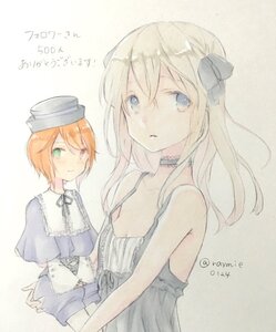 Rating: Safe Score: 0 Tags: 2girls blonde_hair blue_eyes choker dated dress green_eyes hat image long_hair multiple_girls ribbon short_hair solo souseiseki striped twitter_username vertical_stripes User: admin